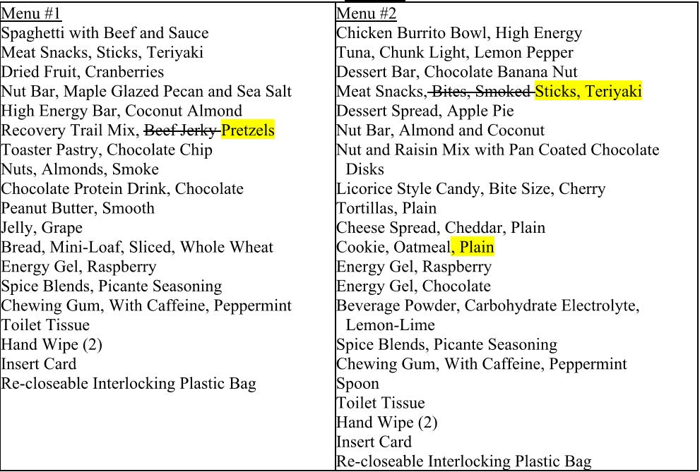 Ccar Ration Menu USA CCAR 24h ration US daily ration MRE shipping from DE – MREs and More