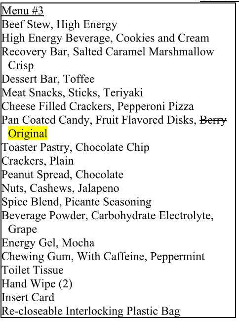 Ccar Ration Menu USA CCAR 24h ration US daily ration MRE shipping from DE – MREs and More